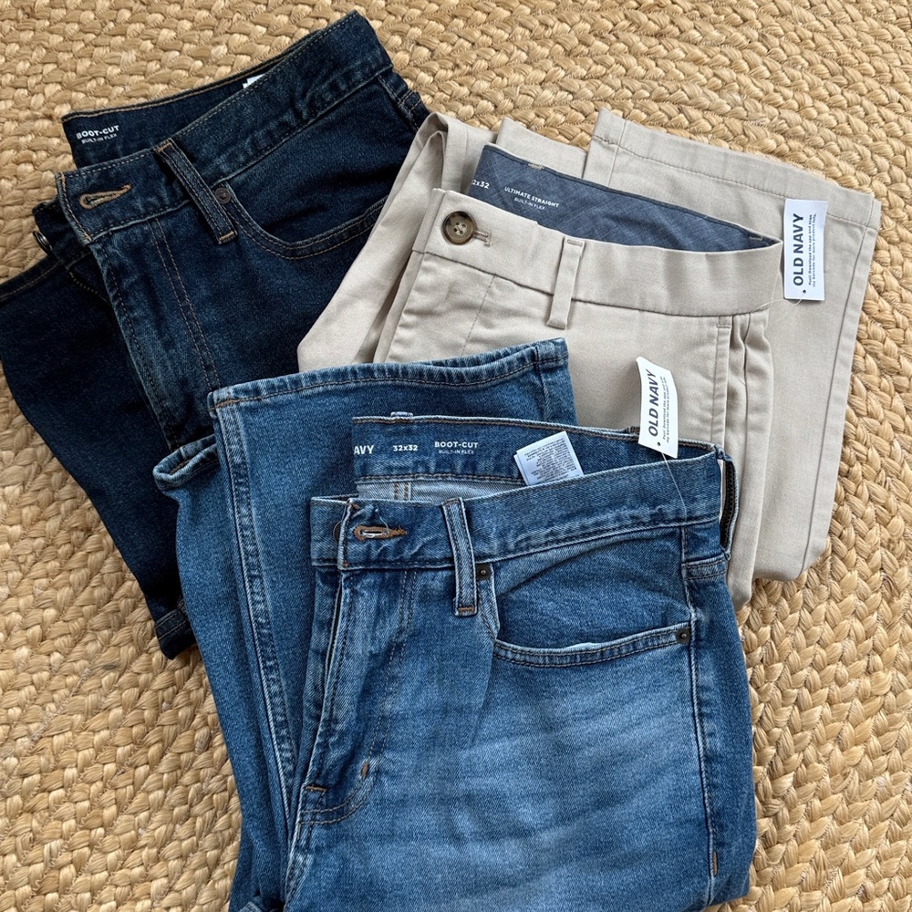 Old Navy 32x32 Pants Bundle- 2 Denim and 1 Khaki Pants